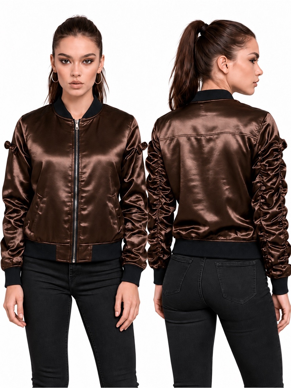 RUNWAY NY Satin Ruffle Bomber Jacket Zip Up Lined Bronze Dark Brown Size Small